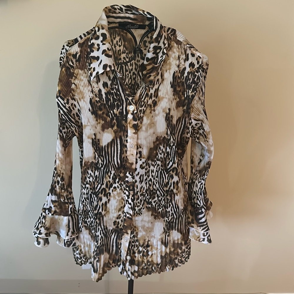 long sleeved blouse ,animal print,earth tones,size M,ruffled bell sleeves,